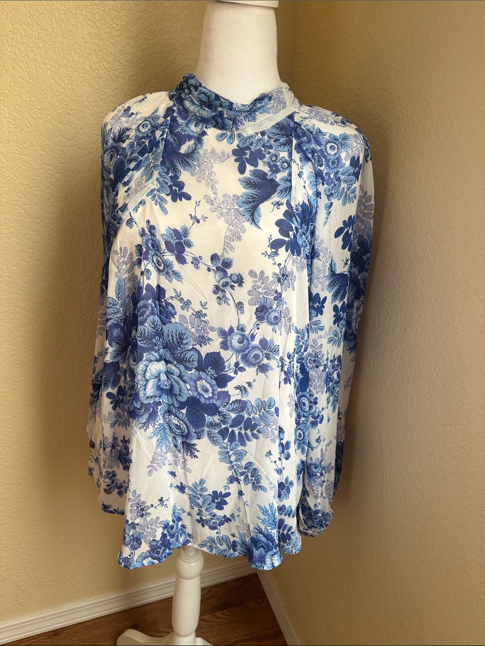 Anthropologie (Maeve) Blue and White Floral High-Neck Blouse
